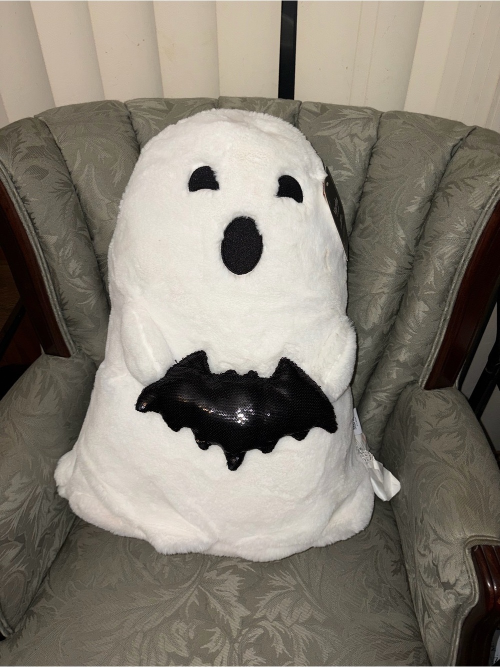 Martha Stewart White Plush Ghost Kids Costume with Black Bat Accent